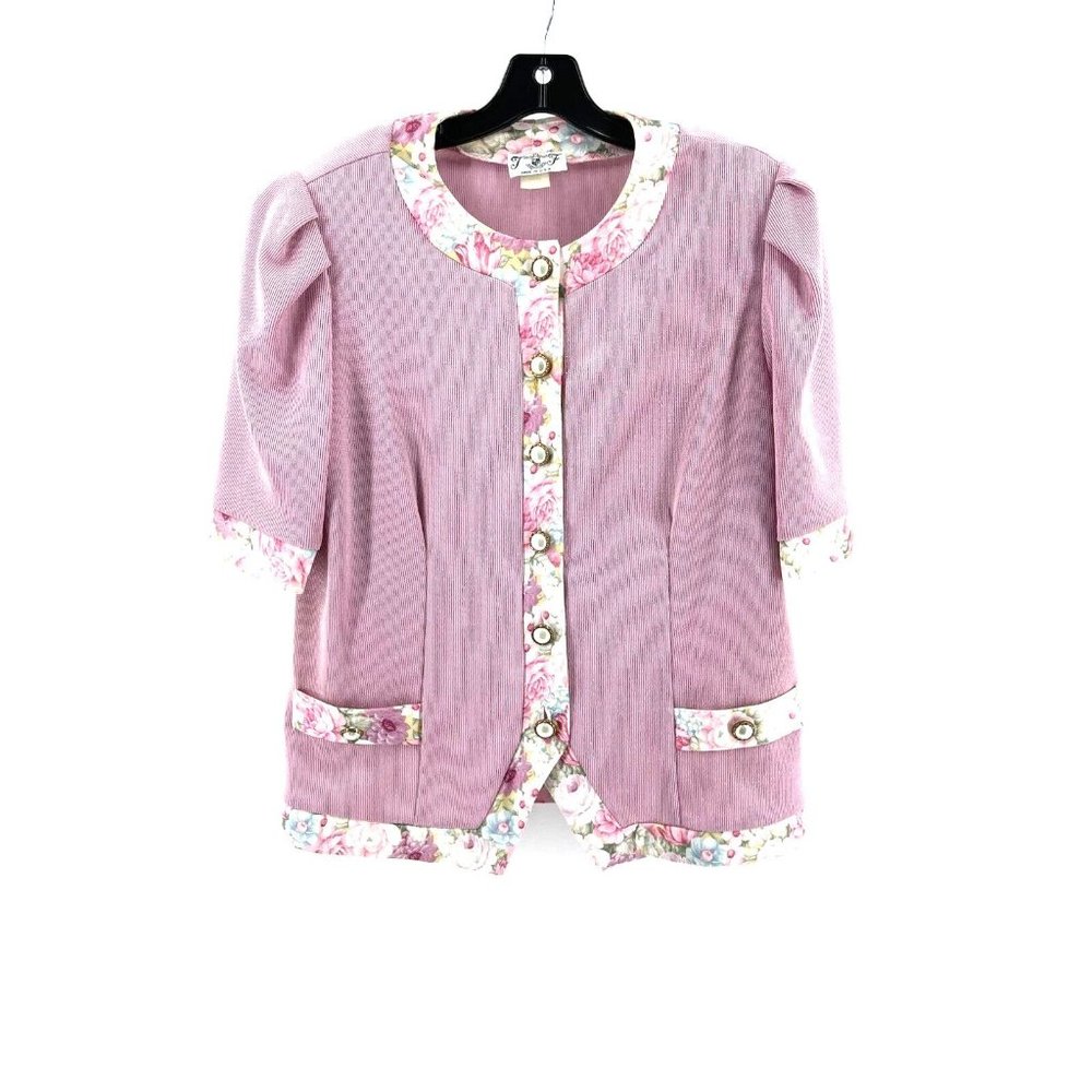 Vintage T F 80'sPink Floral Trim Faux Pearl Button Shoulder Pads Blouse Size 16